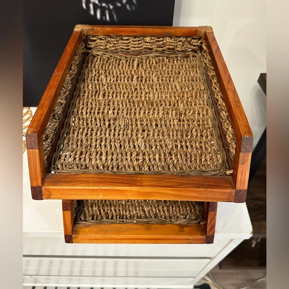 Vintage Tiered Wooden & Rattan Paper Tray or Book Display Holder